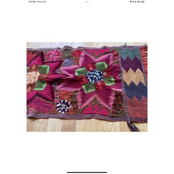 Antique Table Runner 90”x15” Vibrant Colors Intricate Embroidery Floral and Star - Picture 8 of 12